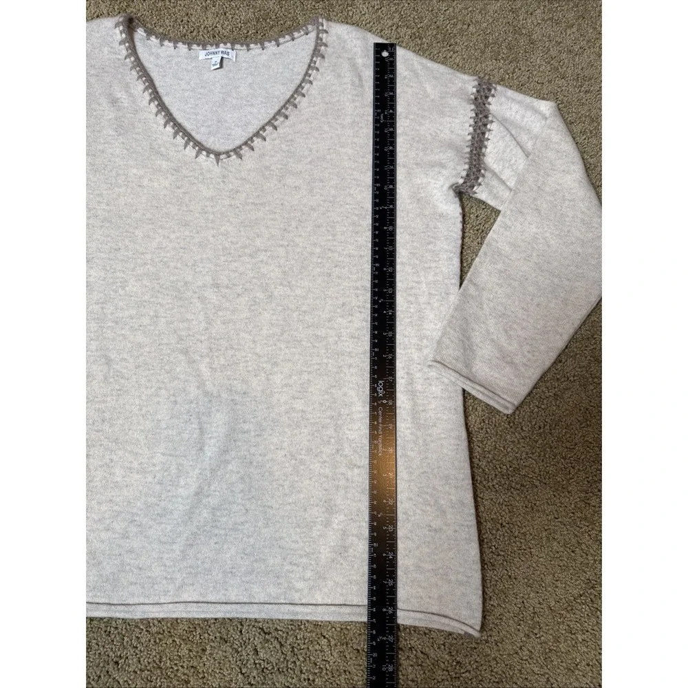 Johnny Was 100% Cashmere V-Neck Sweater Oatmeal Whipstitch Women's Medium Boho